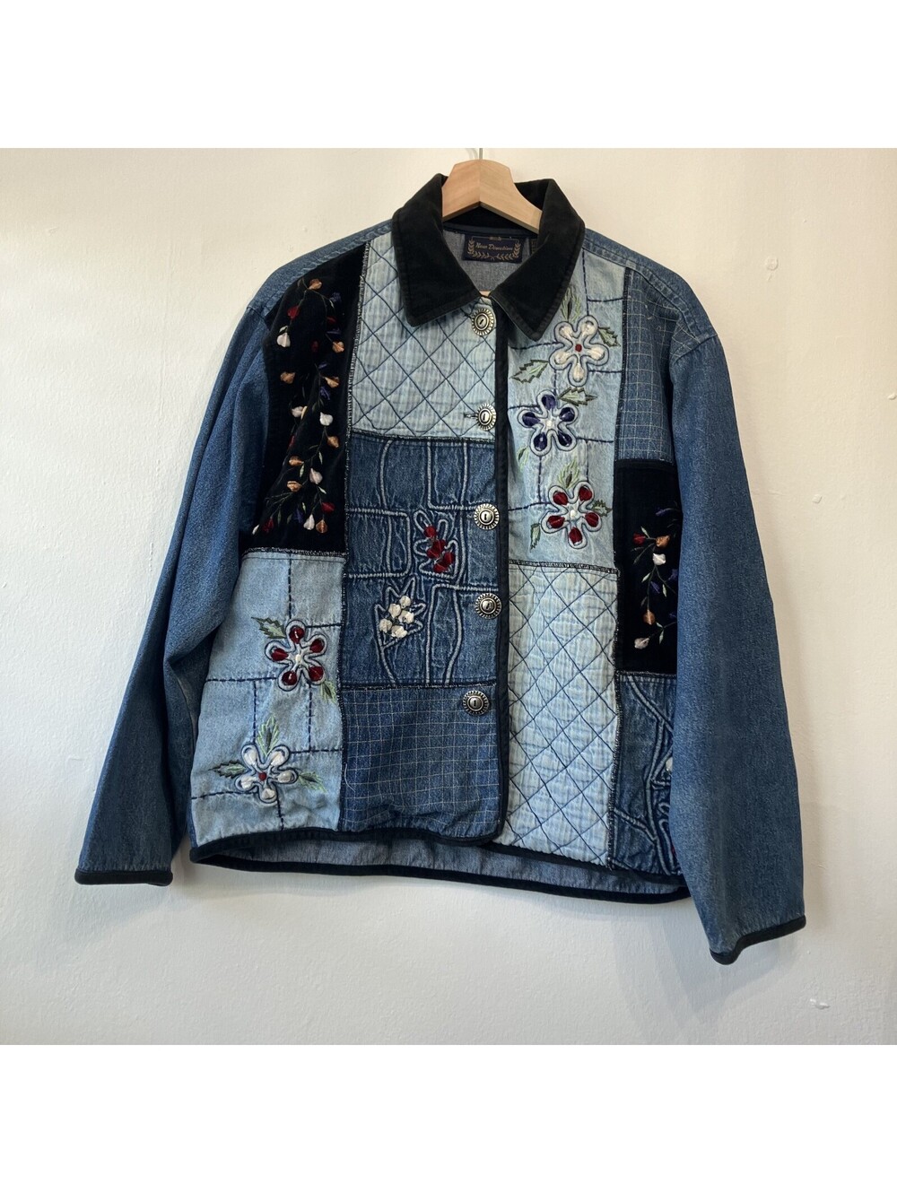 Vintage 90s Whimsigoth Patchwork Embroidered Floral Denim Jacket Velvet Large